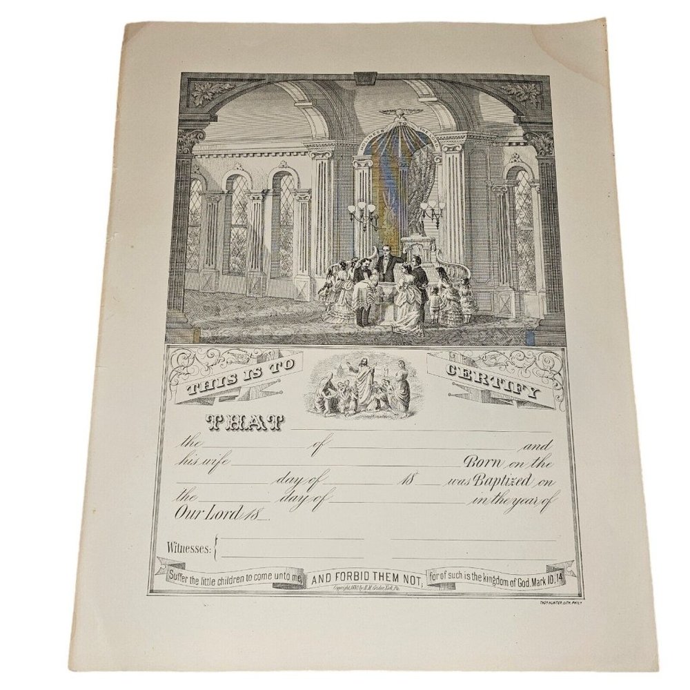 Antique 1880 Christian Baptismal Certificate Blank Baptism Religious Wall Art